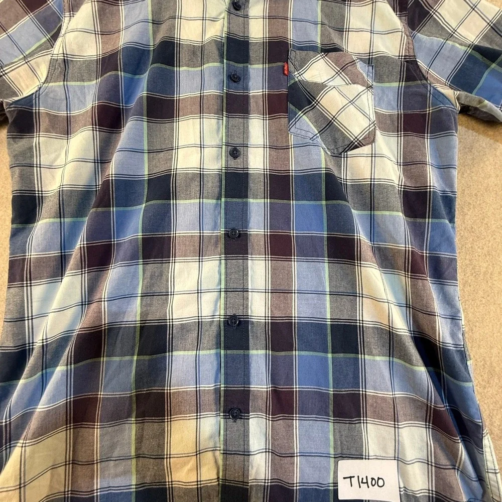 Levis Mens Blue Purple Plaid‎ Short Sleeve Button Down Shirt Size L T1400